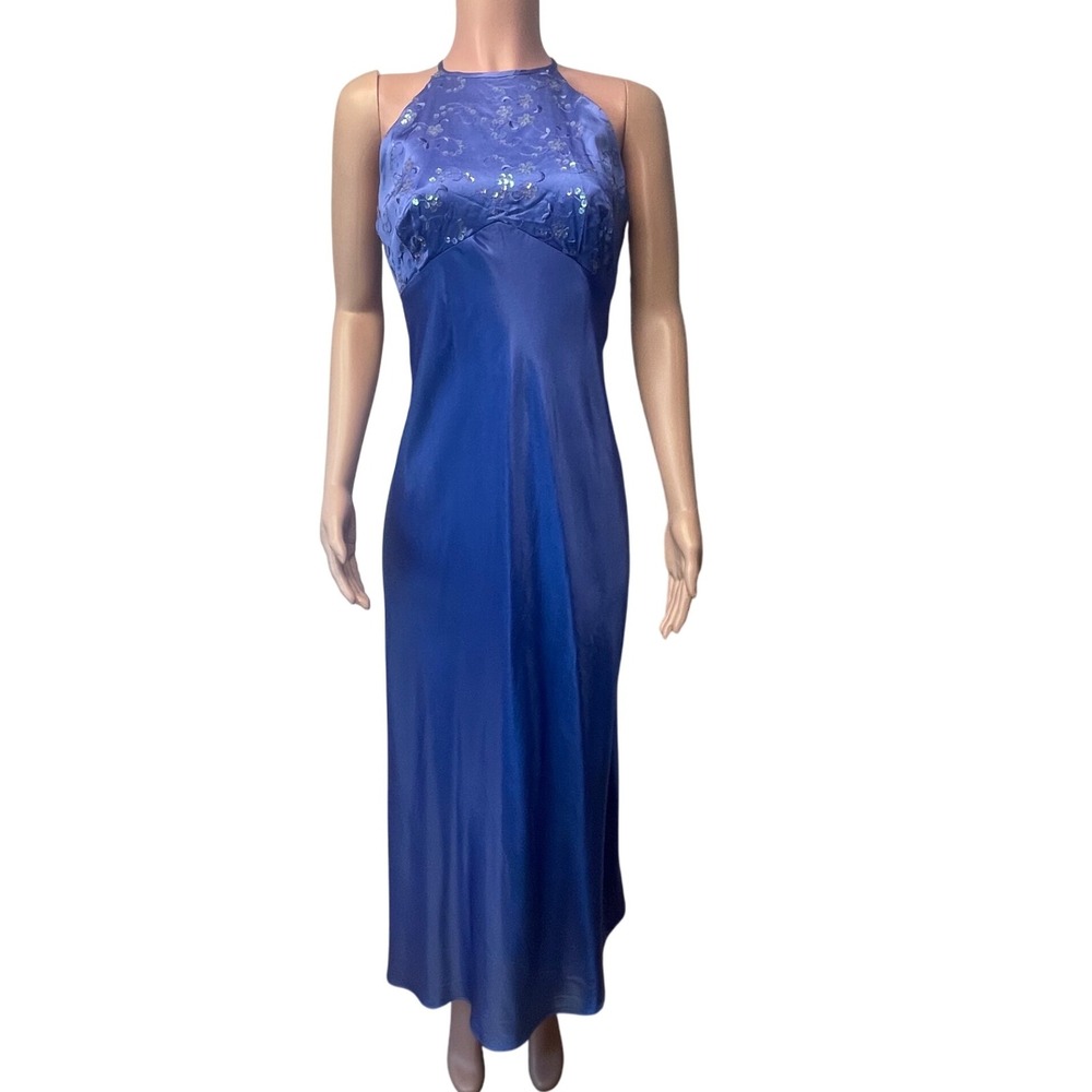 Zum Zum Satin Maxi Dress Blue Sequin Halter Open Back Vintage Y2K Formal 13-14 - Picture 3 of 16